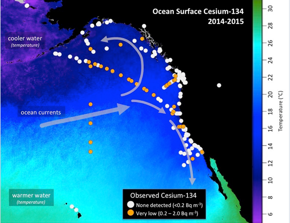Map shows the location of seawater samples taken by scientists and citizen scientists that were analyzed at the Woods Hole Oceanographic Institution for radioactive cesium as part of Our Radioactive Ocean. Cesium-137 is found throughout the Pacific Ocean and was detectable in all samples collected, while cesium-134 (yellow/orange dots), an indicator of contamination from Fukushima, has been observed offshore and in select coastal areas. (Figure by Jessica Drysdale, Woods Hole Oceanographic Institution)