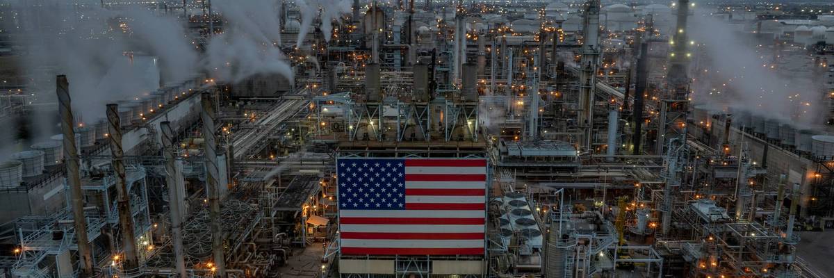 Marathon Petroleum Corp's Los Angeles Refinery with US flag and clouds