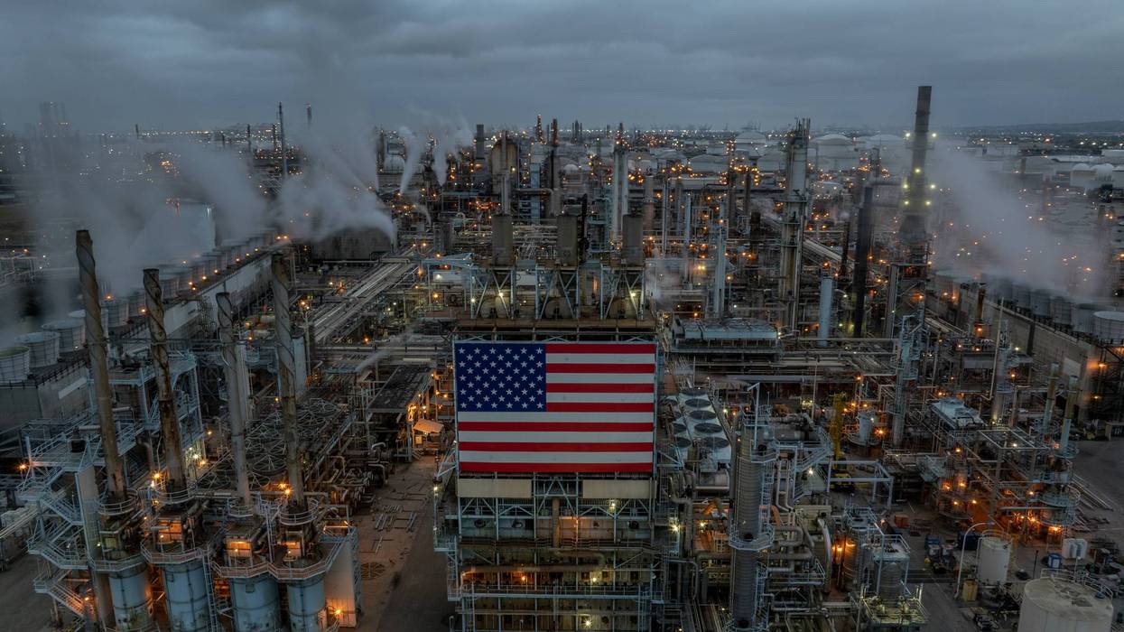 Marathon Petroleum Corp's Los Angeles Refinery with US flag and clouds
