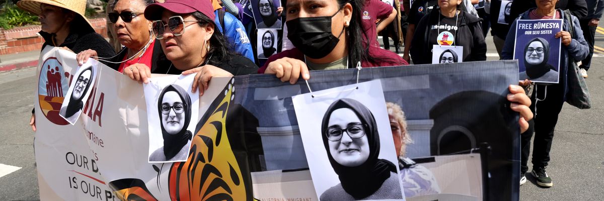 march to denounce the Trump administration's recent attacks on free speech and immigrant rights including the arrest of Rümeysa Öztürk