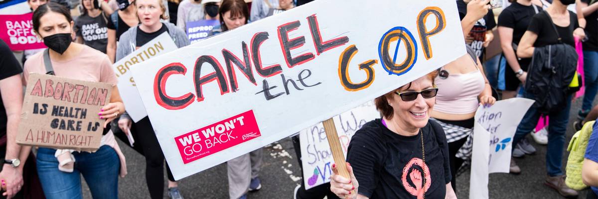 Marchers denounce the Republican Party as they demand abortion rights