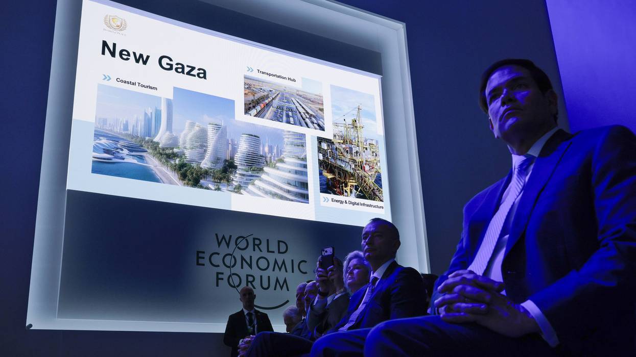 Marco Rubio in front of 'New Gaza' sign during 'Board of Peace' launch event in Davos
