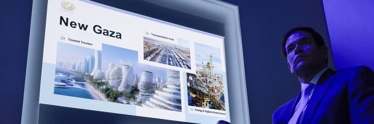 Marco Rubio listens to a Trump admin presentation on Gaza at Davos.