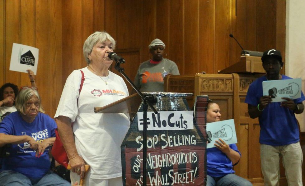 Margie Mathers, a housing activist with MH Action, speaking at the Tenant March on Washington, July 12, 2017.