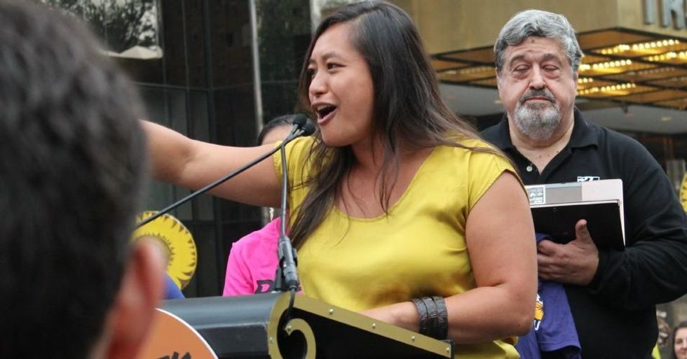 Mari Rose Taruc, with Asian/Pacific Environmental Network and the Climate Justice Alliance, speaks at a rally before the Climate March on September 21, 2014. (Common Dreams: CC BY-SA 3.0 US)