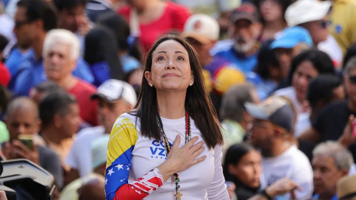 Maria Corina Machado gestures during a January protest in Caracas,