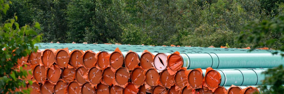 Materials for the Trans Mountain pipeline project sit in a storage lot outside British Columbia on June 6, 2021. (Photo: Cole Burston/AFP via Getty Images)