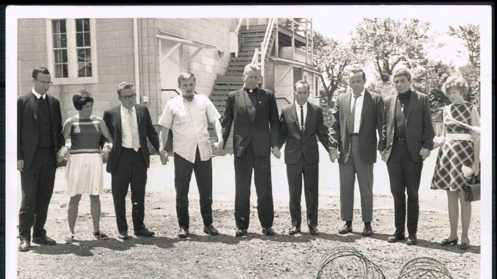 May 17, 1968: The Catonsville 9: Rev. Philip and Daniel Berrigan, Thomas Lewis, Thomas Melville, Marjorie Bradford Melville, Brother John Hogan, Brother David Darst, Mary Moylan. (Photo: William L. Laforce, Baltimore Sun)