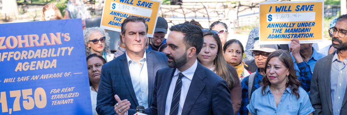 Mayoral candidate Zohran Mamdani speaks at the rally with...