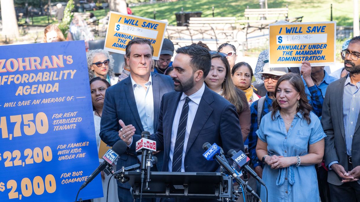 Mayoral candidate Zohran Mamdani speaks at the rally with...