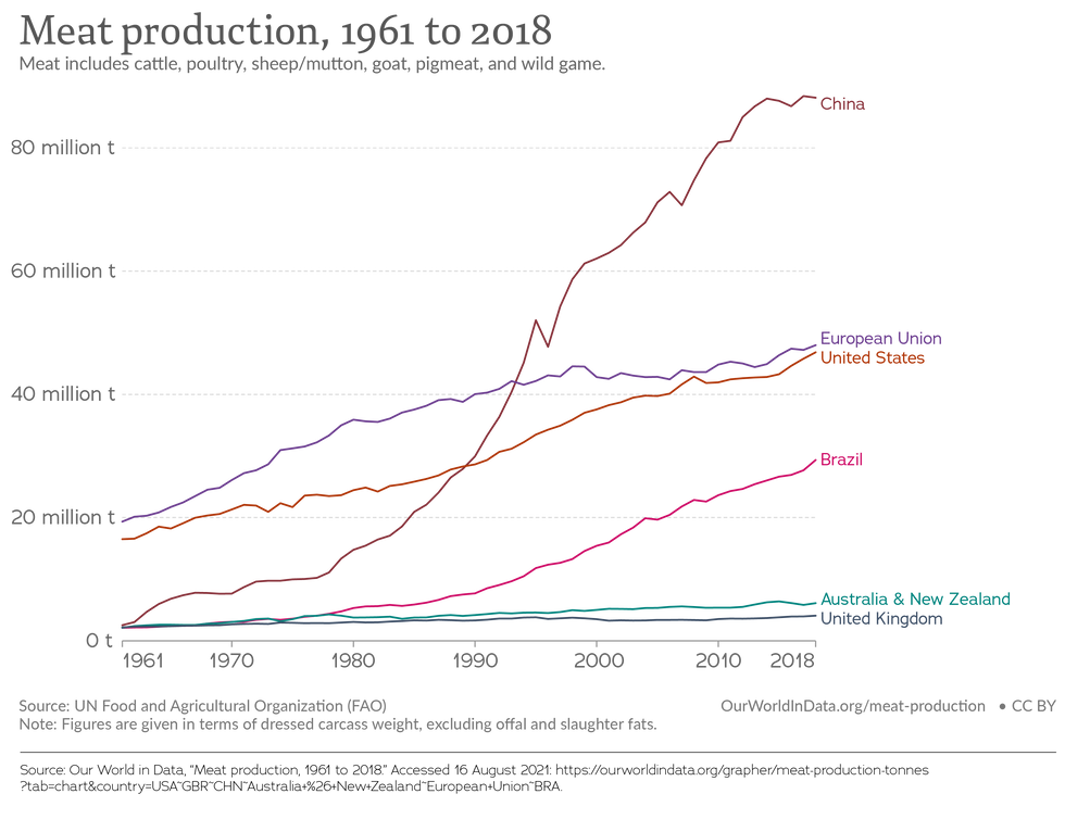 Meat production, 1961 to 2018