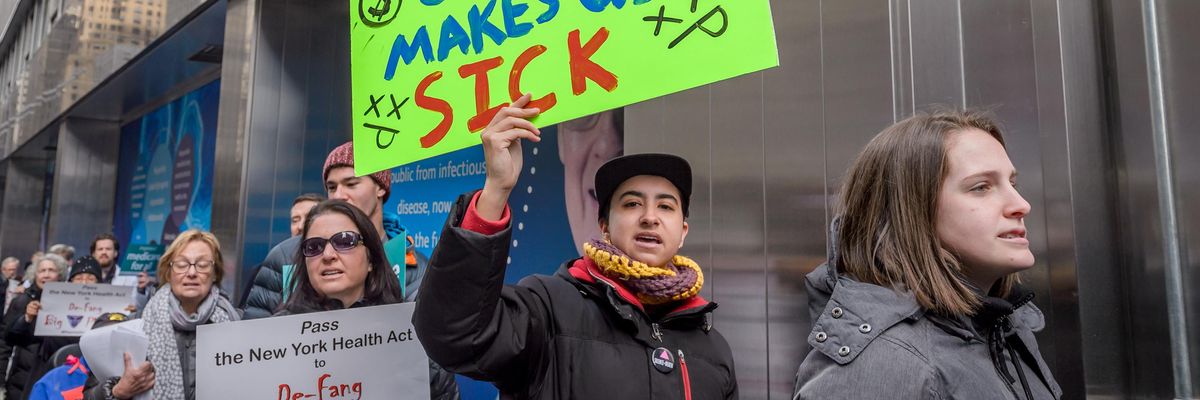 Medical professionals, medical students, ACT UP New York, and their supporters protested outside Pfizer's headquarters in New York City on March 3, 2019. (Photo: Erik McGregor/LightRocket via Getty Images)