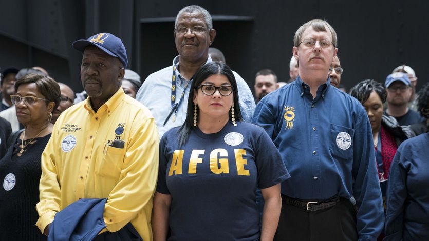 Members and supporters of the American Federation of Government Employees participate in a protest in the Hart Senate Office Building Atrium in Washington, D.C. on February 11, 2020.