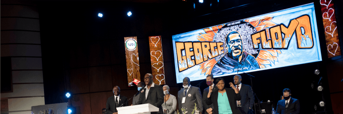 Members of George Floyd's family speak during a memorial service at North Central University on June 4, 2020 in Minneapolis, Minnesota. Memorial services will also be held in North Carolina and Texas.