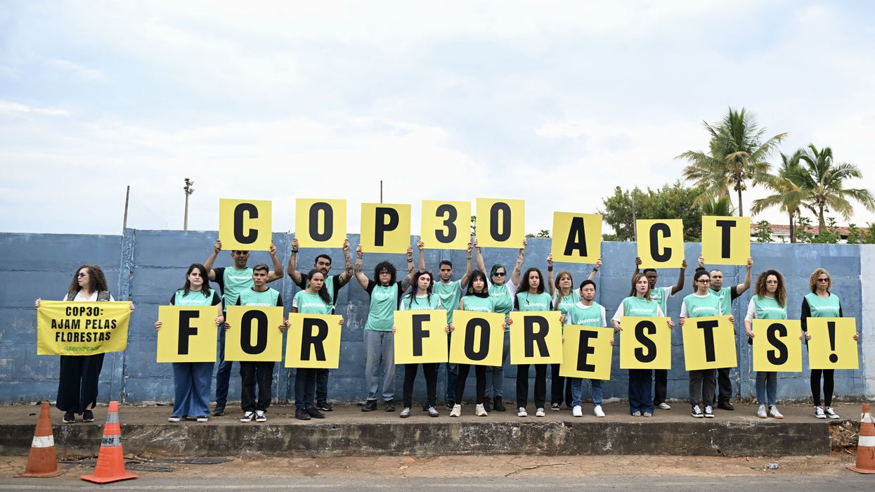 Members of Greenpeace hold sign demanding action to save the forests