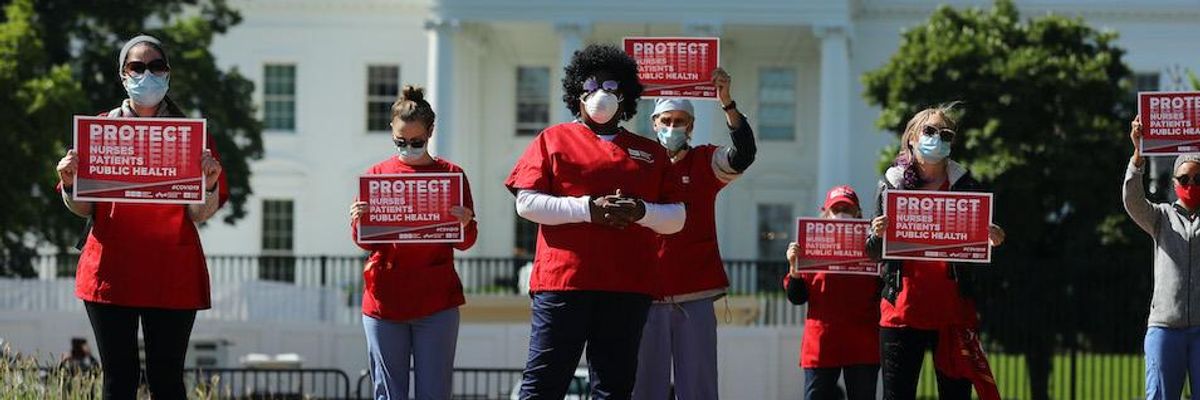 Members of National Nurses United stand in protest among empty shoes representing nurses who have died from Covid-19 in Lafayette Park across from the White House May 07, 2020.