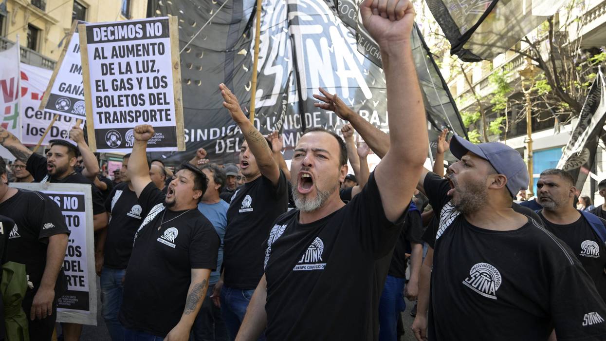 Members of the Argentinian Tire Workers' Union and other protesters demonstrate