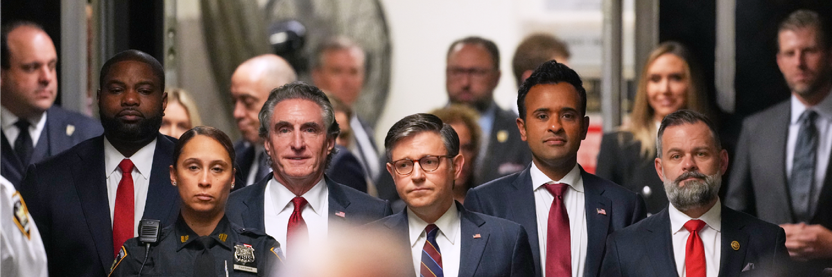 Members of the GOP clown posse listen as Trump rants to reporters at his New York hush money trial.