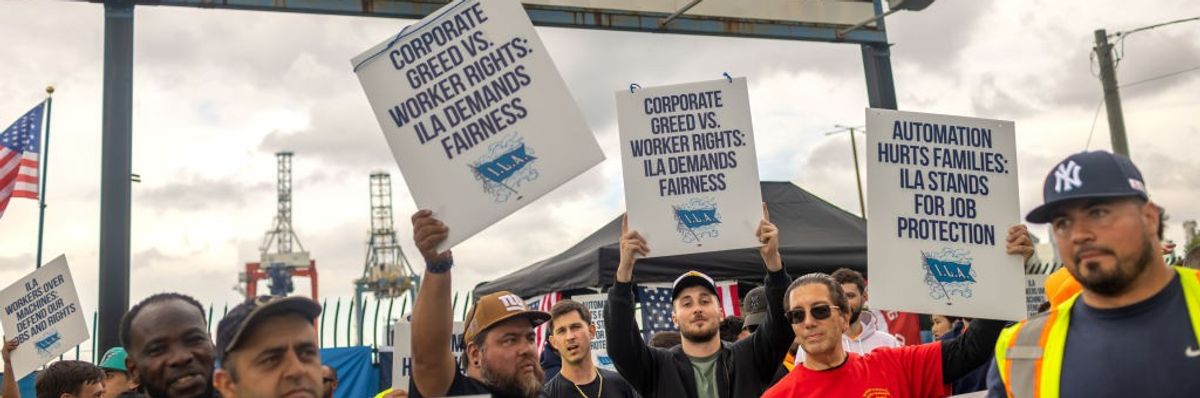 Members of the International Longshoremen's Association strike in Brooklyn