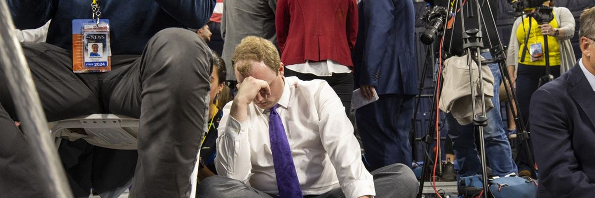 Members of the press wait for the arrival of Republican presidential candidate Donald Trump