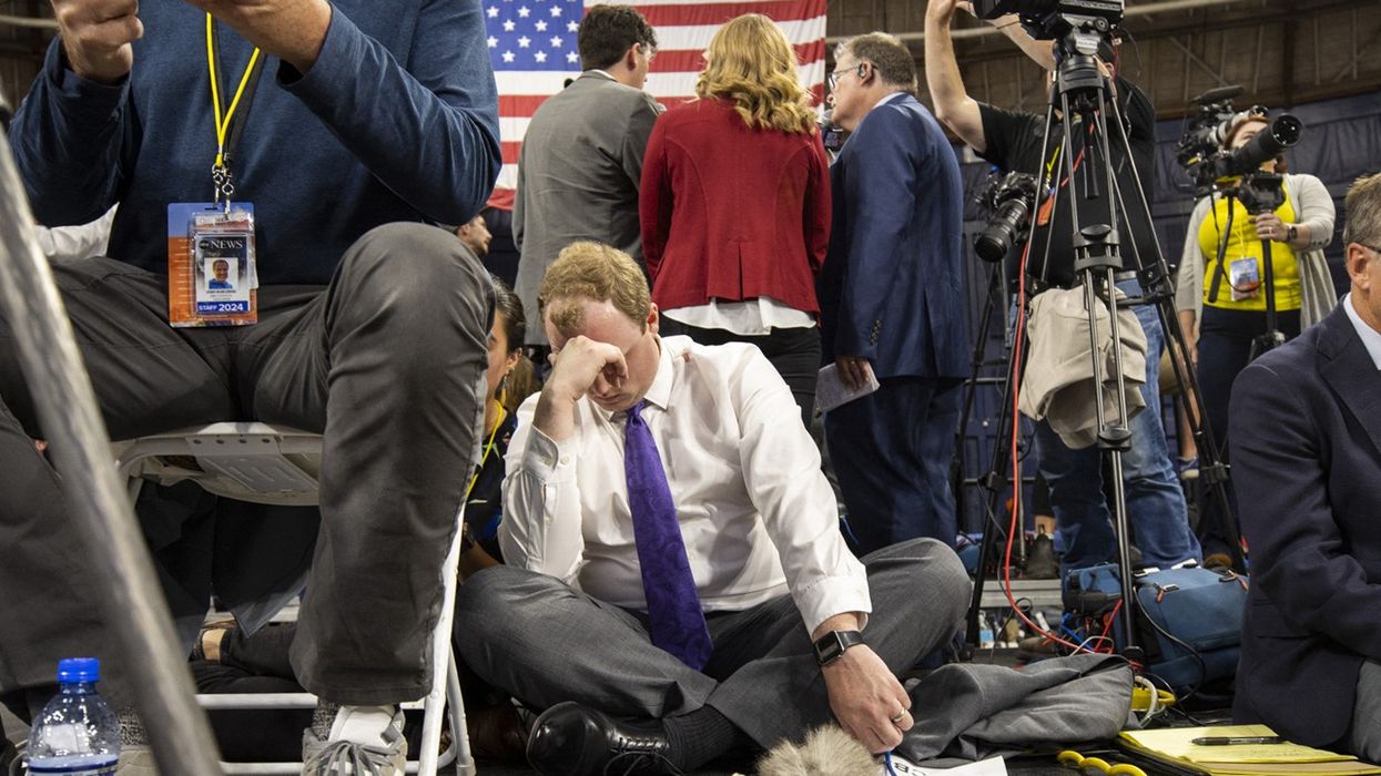 Members of the press wait for the arrival of Republican presidential candidate Donald Trump