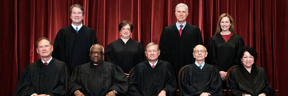 Members of the U.S. Supreme Court pose for a group photo in Washington, D.C. on April 23, 2021.