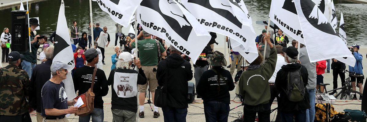 Members of Veterans for Peace rally in front of the Lincoln Memorial May 30, 2017 in Washington, D.C