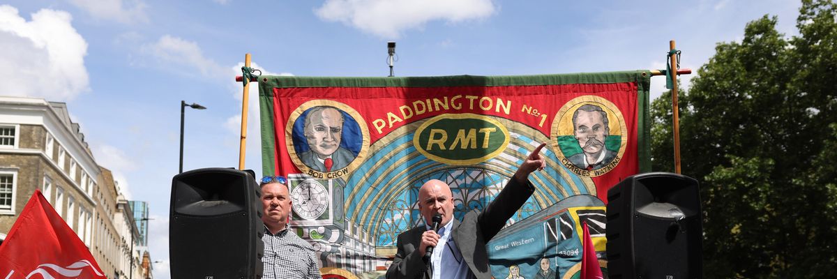 Mick Lynch, general secretary of the National Union of Rail, Maritime, and Transport Workers, speaks during a rail strike rally outside Kings Cross station on June 25, 2022 in London.