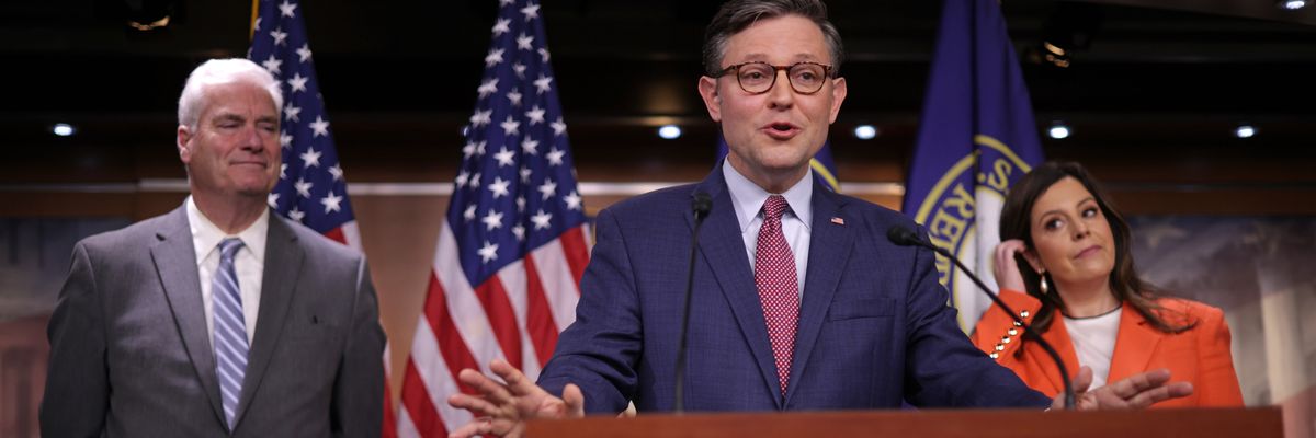 Mike Johnson flanked by Tom Emmer and Elise Stefanik