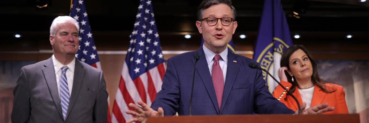 Mike Johnson flanked by Tom Emmer and Elise Stefanik