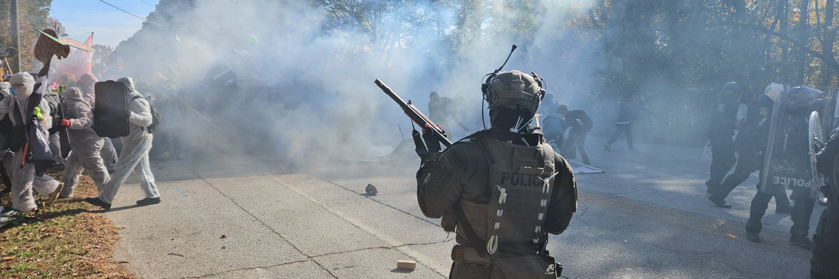 Militarized police attack Stop Cop City protesters with gas and other so-called "less-lethal" weapons