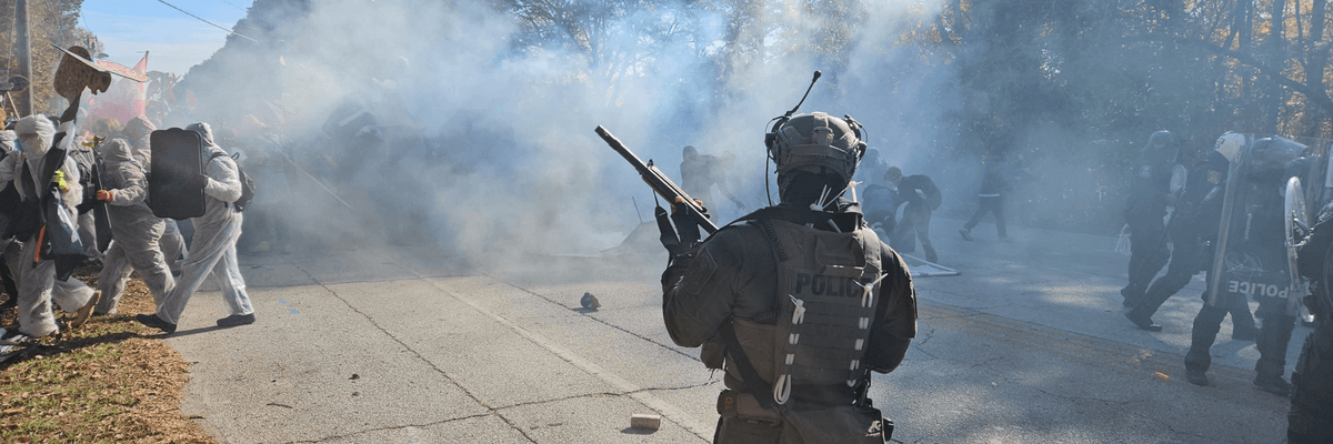 Militarized police attack Stop Cop City protesters with gas and other so-called "less-lethal" weapons