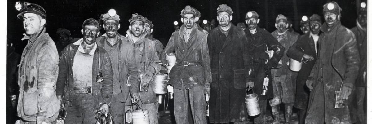 Miners with Pittsburgh Coal Company come off last shift before 1941 strike.