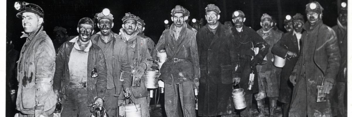 Miners with Pittsburgh Coal Company come off last shift before 1941 strike.