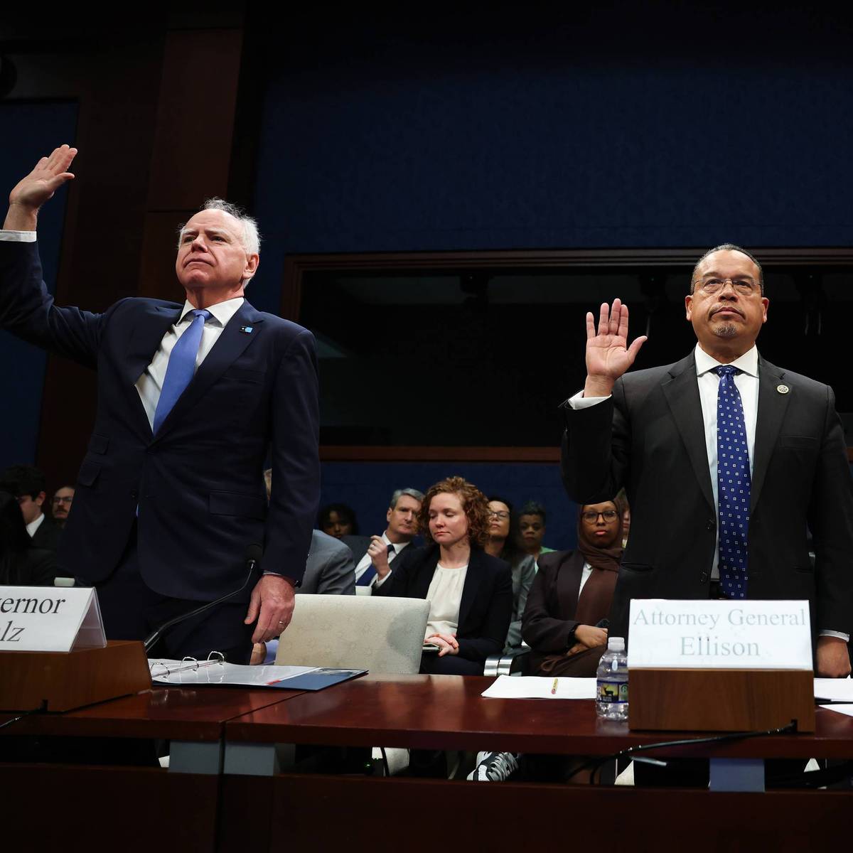 Minnesota Gov. Tim Walz and Minnesota Attorney General Keith Ellison are sworn in at House hearing