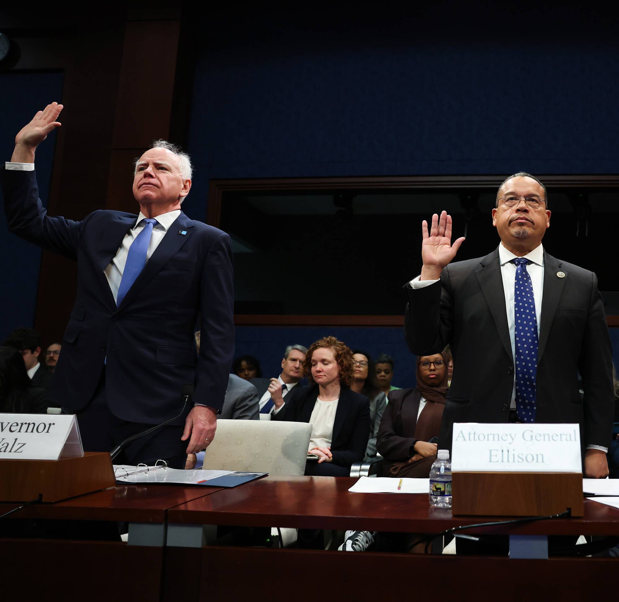 Minnesota Gov. Tim Walz and Minnesota Attorney General Keith Ellison are sworn in at House hearing