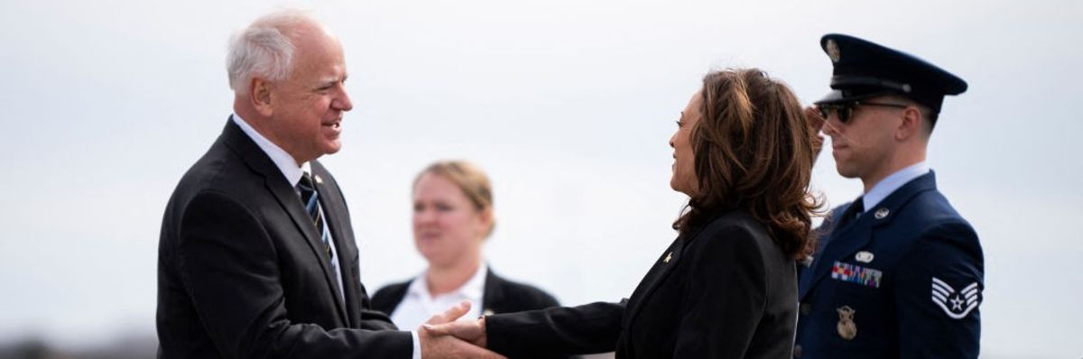Minnesota Gov. Tim Walz greets U.S. Vice President Kamala Harris