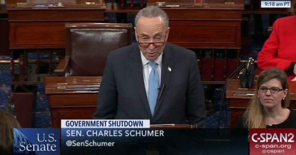 Minority Leader Chuck Schumer (D-N.Y.) announced on Monday that the necessary number of Democrats would vote to pass a three-week spending bill to end the shutdown without a deal on protections for undocumented young people. (Photo: C-SPAN/screenshot)