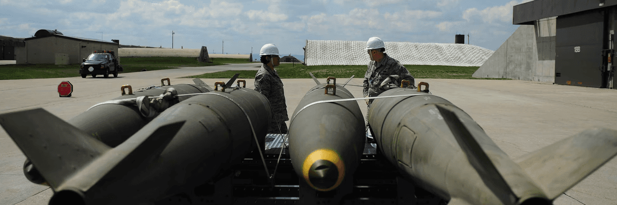 MK-84 2,000-pound bombs are seen in storage at a military base