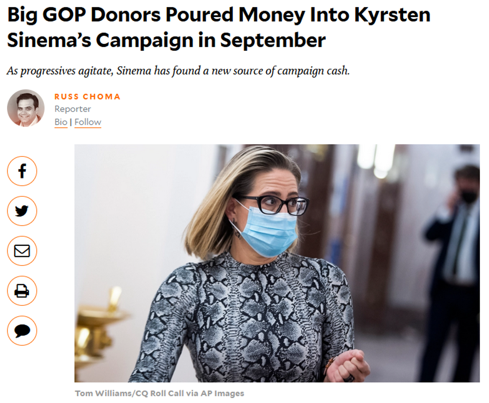 MoJo: Big GOP Donors Poured Money Into Kyrsten Sinema's Campaign in September