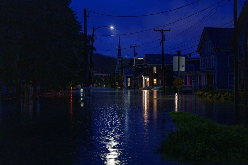 Montpelier flooded at night.