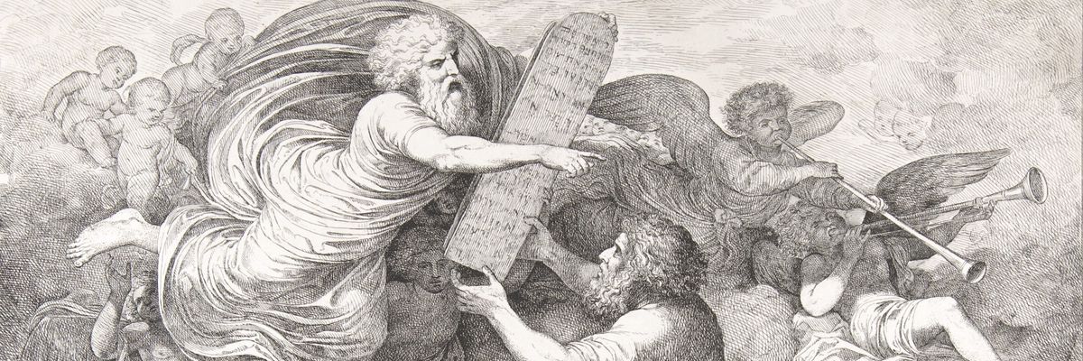 Moses on Mt. Sinai receives the 10 Commandments.