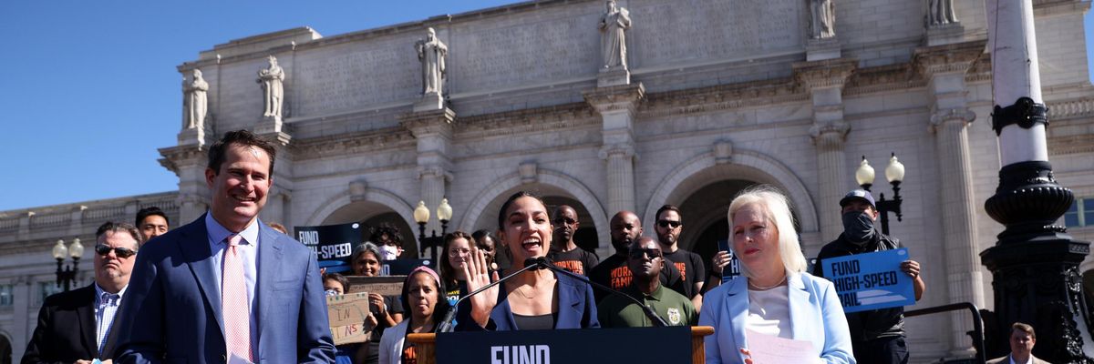 moulton, ocasio-cortez and gillibrand rally for high-speed rail money
