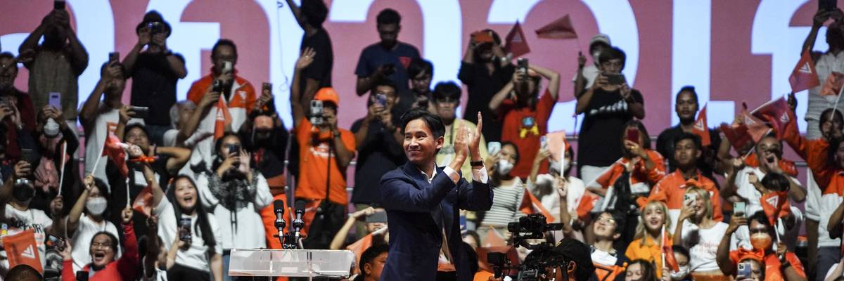 Move Forward Party leader Pita Limjaroenrat appears at a rally in Bangkok