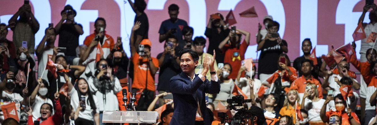 Move Forward Party leader Pita Limjaroenrat appears at a rally in Bangkok