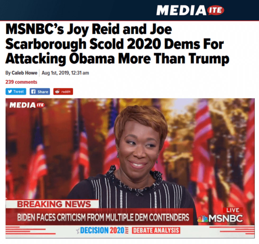 MSNBC hosts helped promote the storyline that criticisms of Biden were really attacks on Obama (Mediaite, 8/1/19).