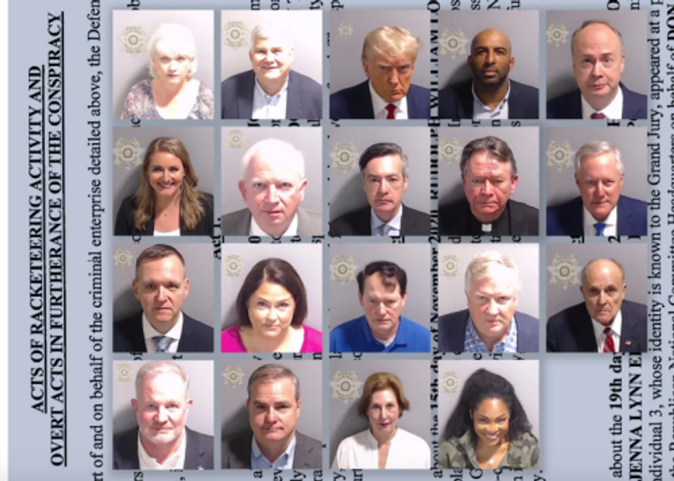 Mugshots of Trump and his 18 accomplices who sought to overturn election results in Georgia.