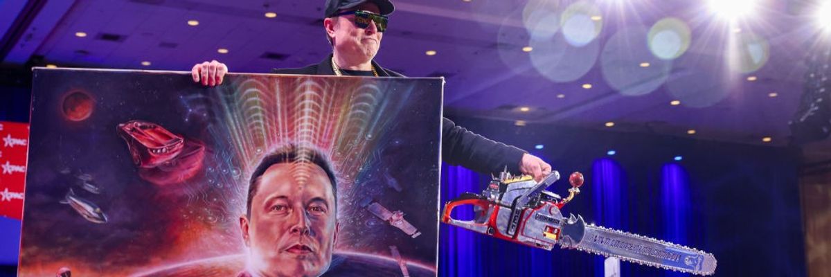Musk holds a chainsaw and futuristic portrait of himself in space at CPAC 2025