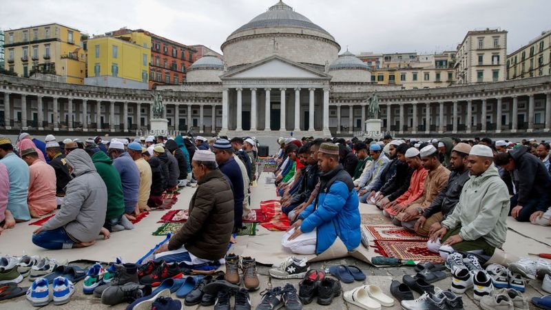 Muslims pray outdoors in Naples