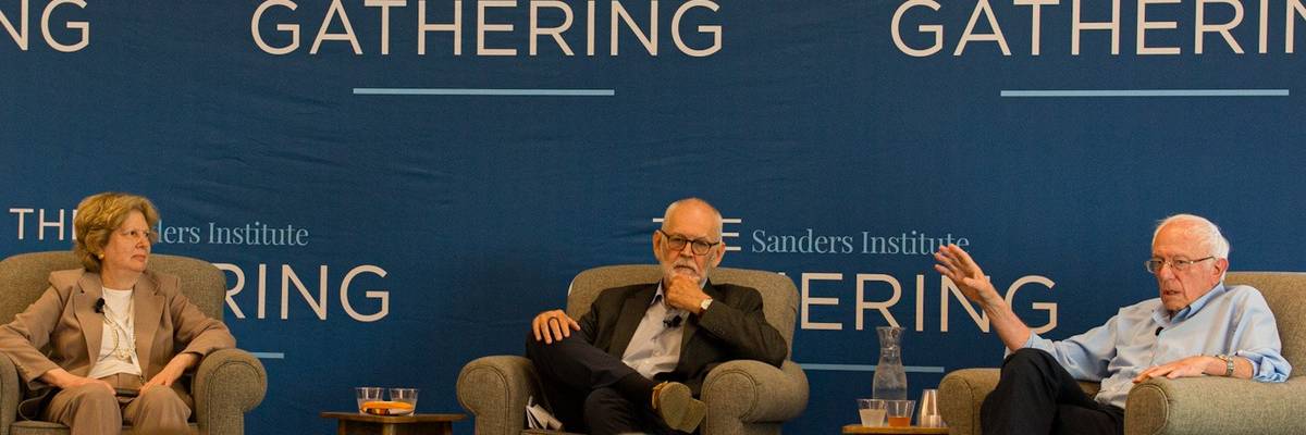 Nancy Altman of Social Security Works, Wendell Potter of the Center for Health and Democracy, and Sen. Bernie Sanders